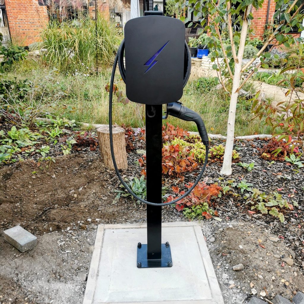 Pedestal mounted Hypervolt EV charge point in black